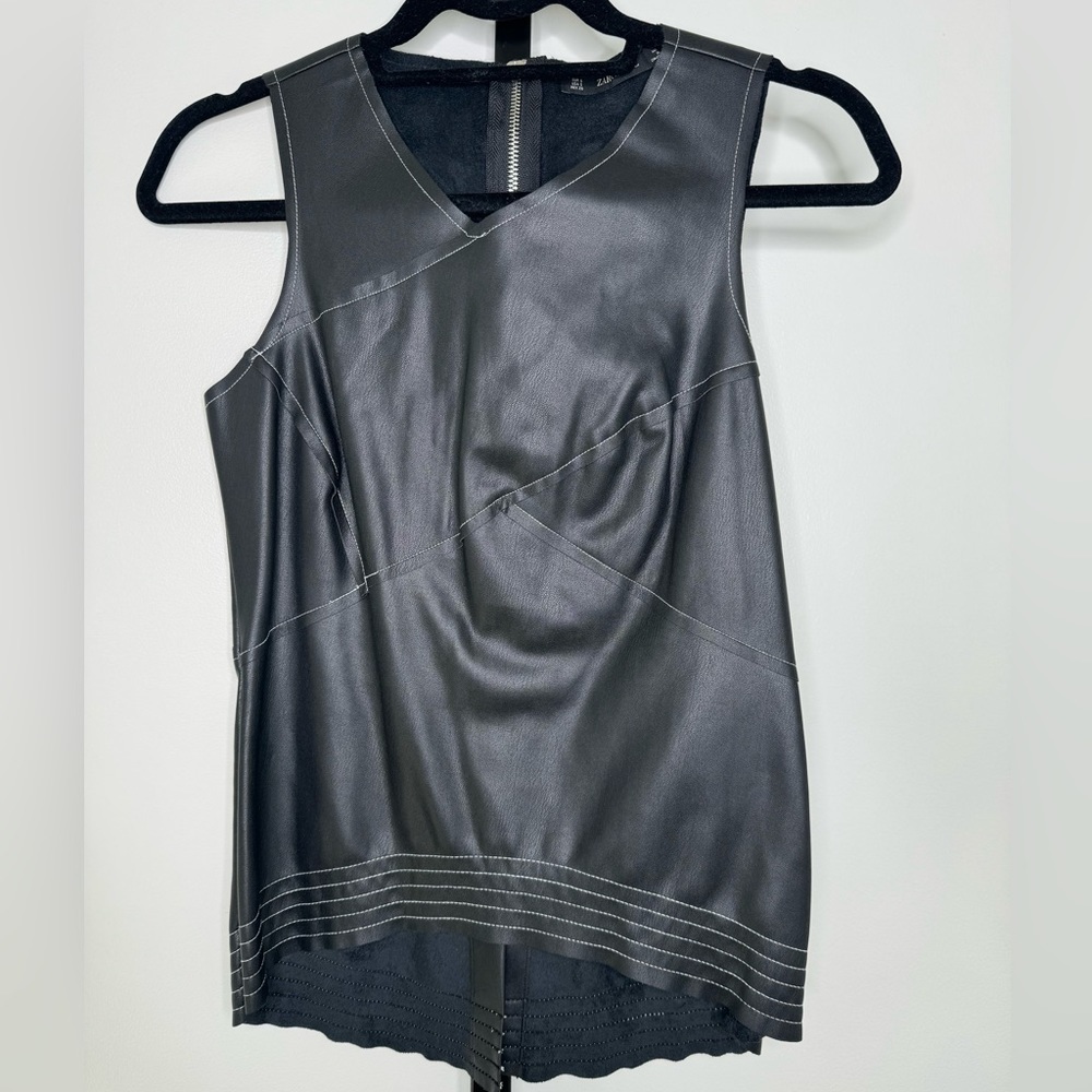 Zara Faux Leather Contrasting Stitch Top - Edgy Chic and Versatile Style